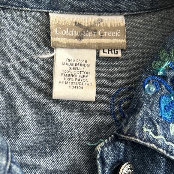 Coldwater Creek Women’s Denim Button Up Embroidered cabincore Boho Western Shirt - Picture 3 of 7